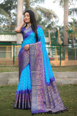 Wonderful Bandhani Purple With Sky Blue Kanjivaram Silk Saree