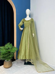 Blissful  Pista Color Plain Gown With Work Net Dupatta