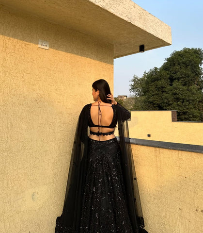 Wedding & Party Wear Georgette Black Color Lehenga Choli