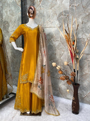 Stunning Chinon Embroidery Work Mustard Color Sharara Suit