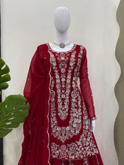 Demanding Georgette Red Color Sharara Suit