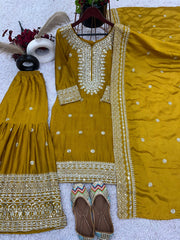 Fantastic Embroidery Sequence Work Mustard Color Sharara Suit