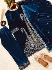 Exclusive Blue Velvet with Embroidery Work Palazzo Suit