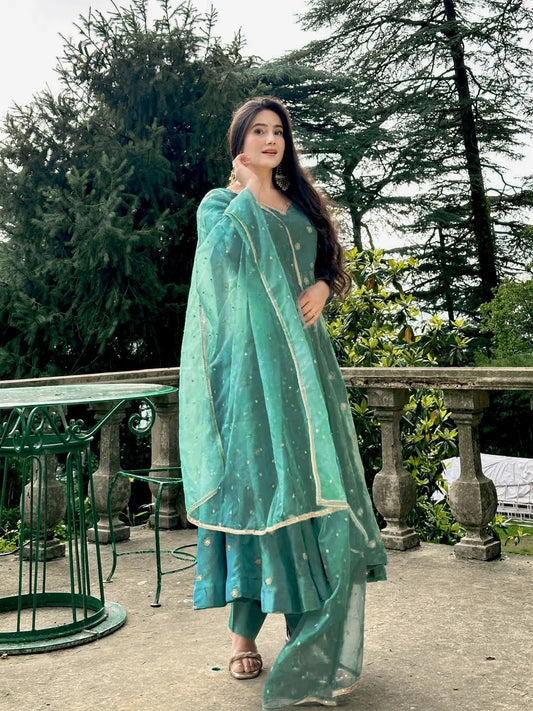 Adorable Green Simmer Silk Embroidery Anarkali Suit