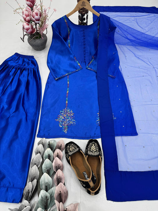 Blue Color Sequence Work Palazzo Suit