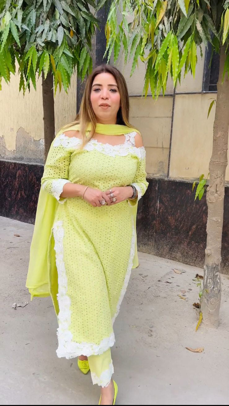 Chanderi Chifley Embroidery Work Parrot Green Color Salwar Suit