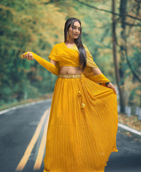 Designer Yellow Color Pleated Lehenga With Fancy Readymade Blouse