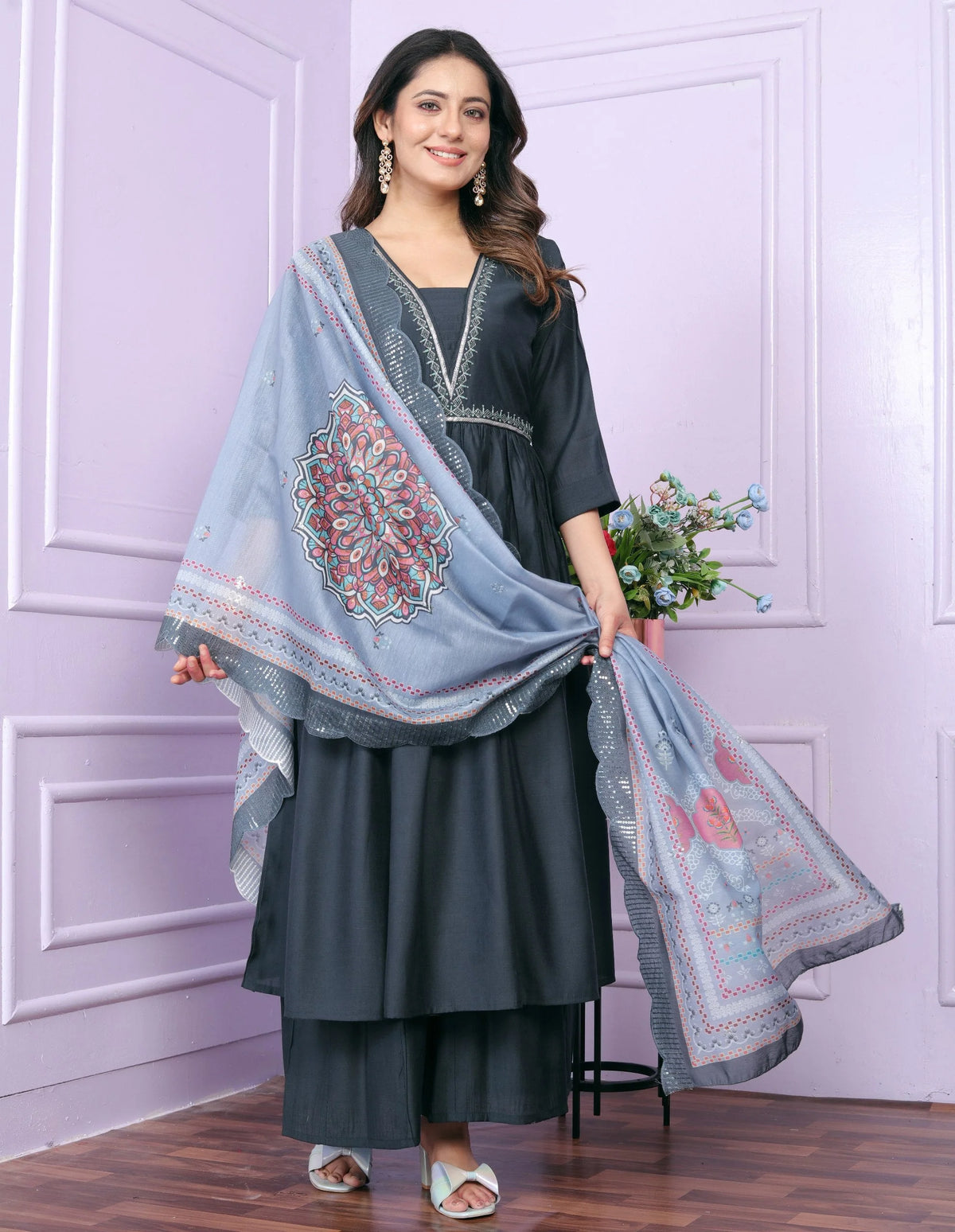 Dark Grey Color hand Work Palazzo Suit