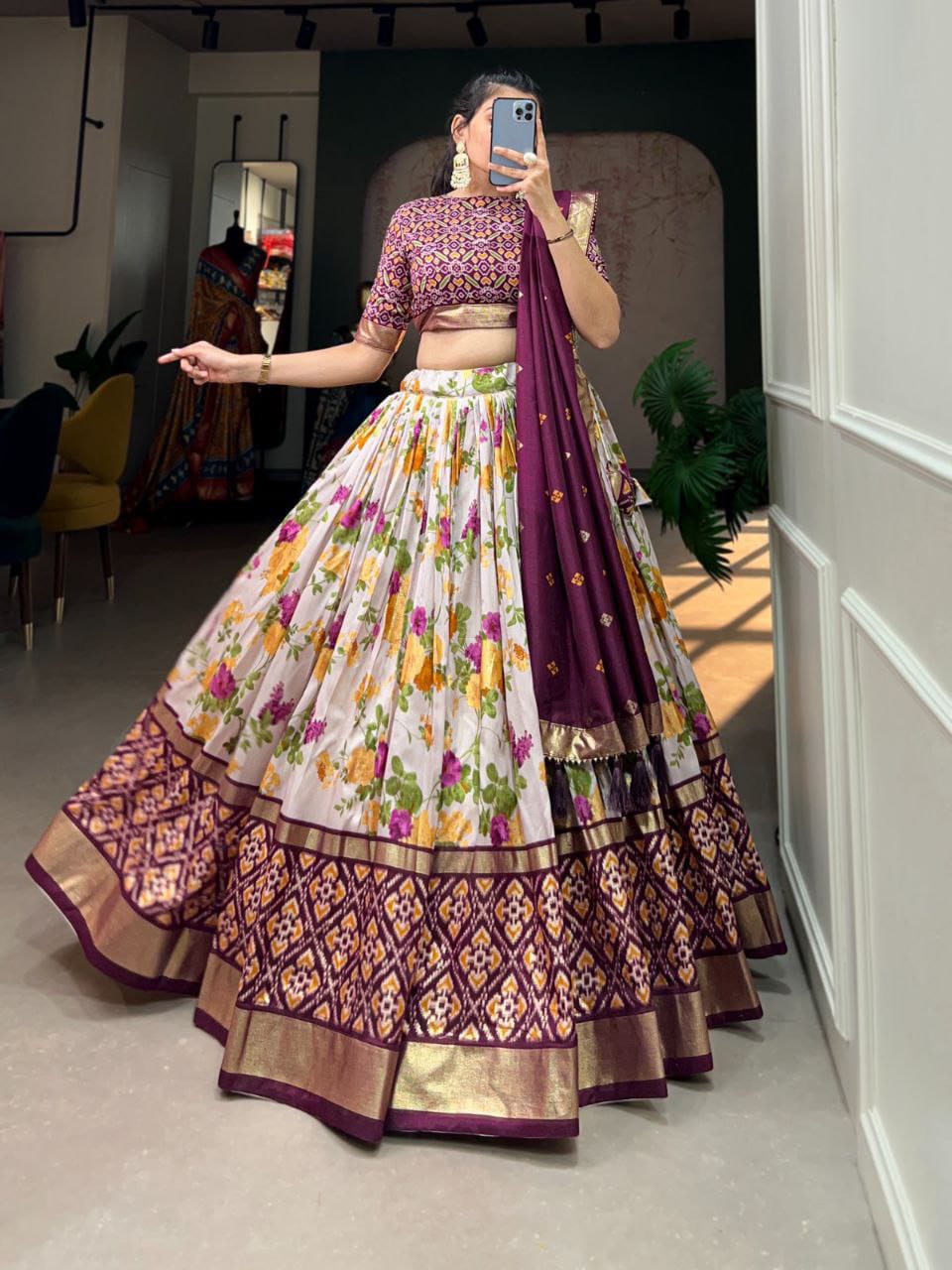 Mesmerizing Floral And Patola Print With Foil Work Purple Color Lehenga Choli