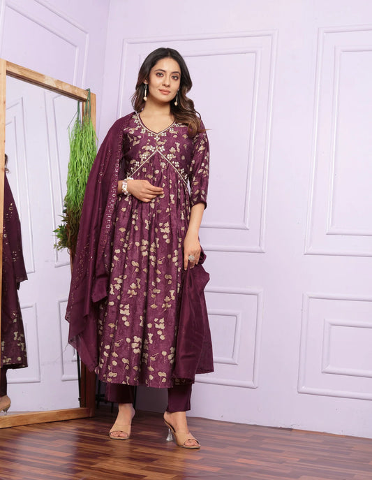 Innovative Wine Color Aalia Cut Kurta Set With Dupatta