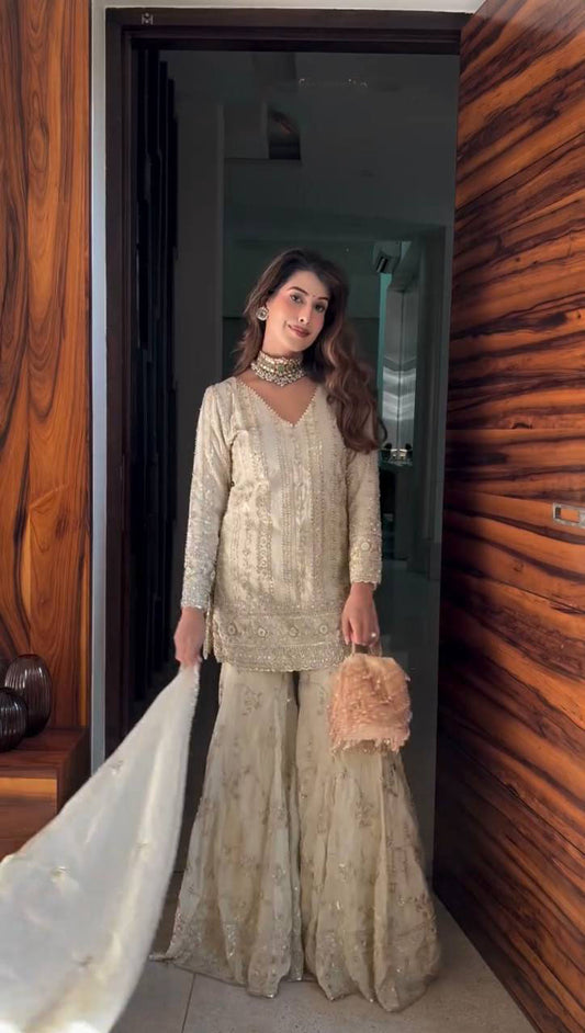 Trendy Cream Georgette Sequence Work Sharara Suit