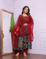 Lovely Rama Multi Print With Red V Neck Round Kurti Set