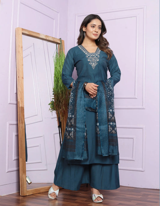 Party Wear Rusian Silk Blue Color Palazzo Suit