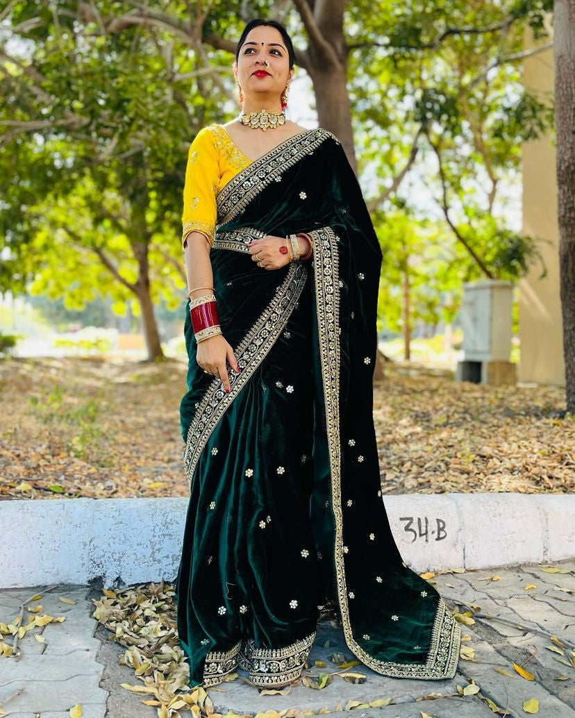 Exclusive Dark Green Color Velvet Saree With Yellow Embroidered Blouse