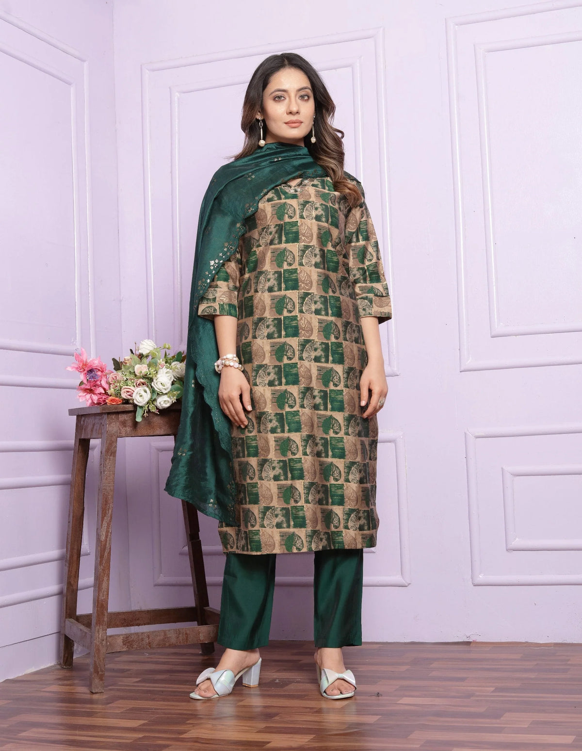 Preferable V Neck Green Silk Kurta Set