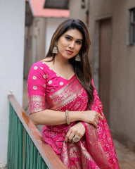 Preferable Pink Color Dola Silk Block Print Design Saree