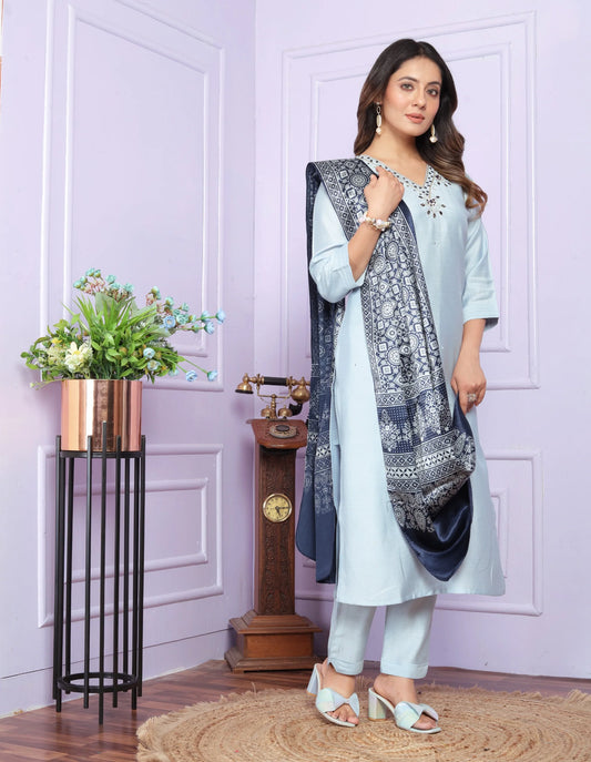 Casual Wear Round Neck Sky Color Kurti Set With Silk Dupatta