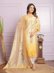 Exclusive Yellow Silk Hand Work With Printed Kurti Pair