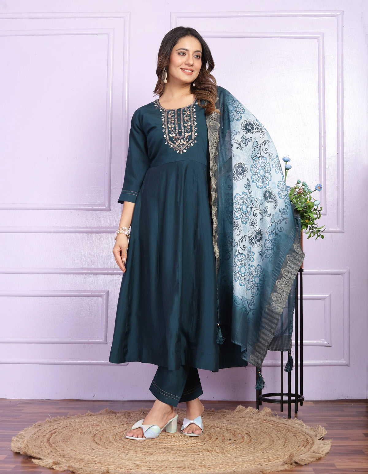 Party Wear Fantastic Hand Work Navy Blue Round Kurti Anarkali Suit