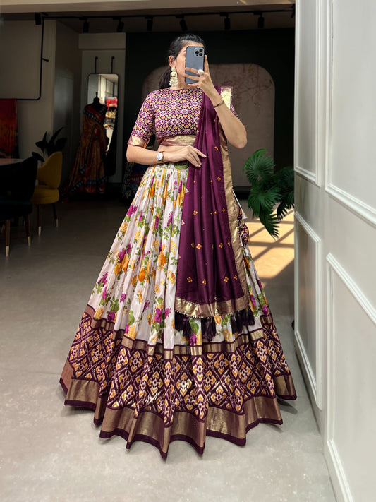 Glimmering  Wine Color Floral And Patola Print With Foil Work Lehenga Choli