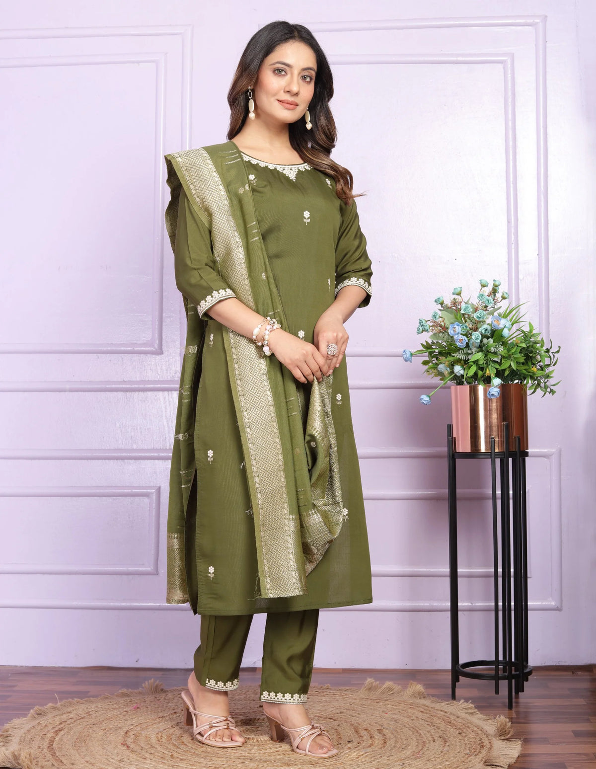 Reception Wear Mehendi Green Embroidery Work Salwar Suit