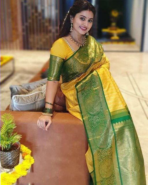 Fantastic Yellow With Green Color Soft Lichi Silk Saree