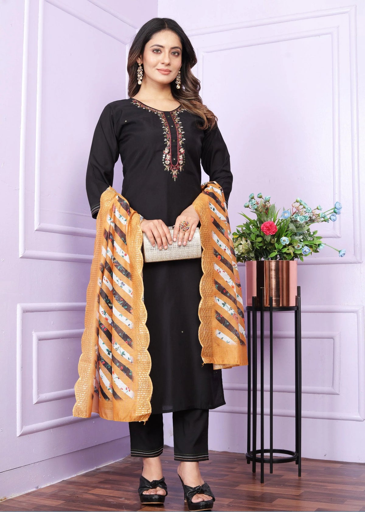 Good Looking Black Color Kurti Set With Mustard Leheriya Dupatta