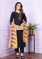 Good Looking Black Color Kurti Set With Mustard Leheriya Dupatta