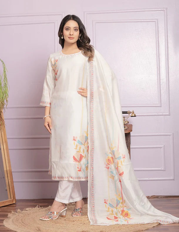 Attractive White Silk Hand Work With Printed Kurti Set