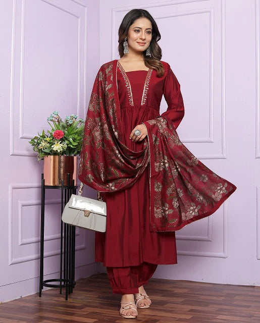 Lovely Red Color Gher Kurti With Afghani Style Suit