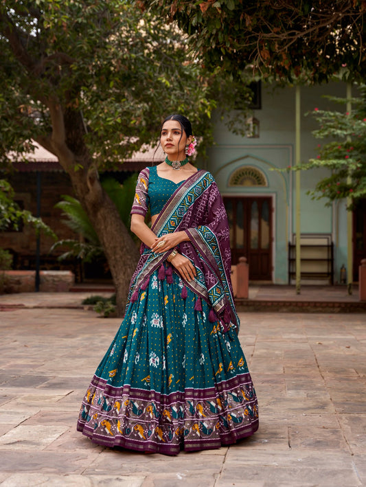 Presenting Patola Print With Foil Work Rama Color Lehenga Choli