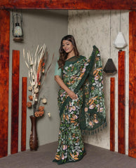 Heavy Multi-embroidered Sequence Work Green Color Saree