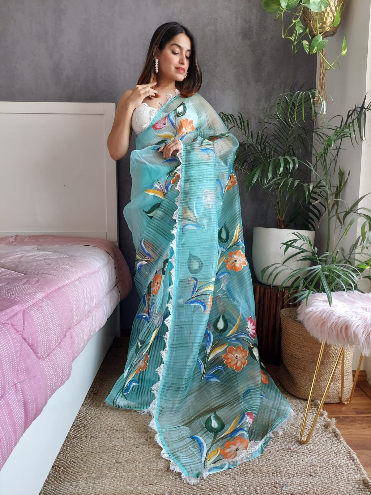 Handprint Flower Print Organza Sky Blue Color Saree