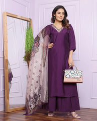 Lovely V Neck Wine Straight Kurti Palazzo Suit