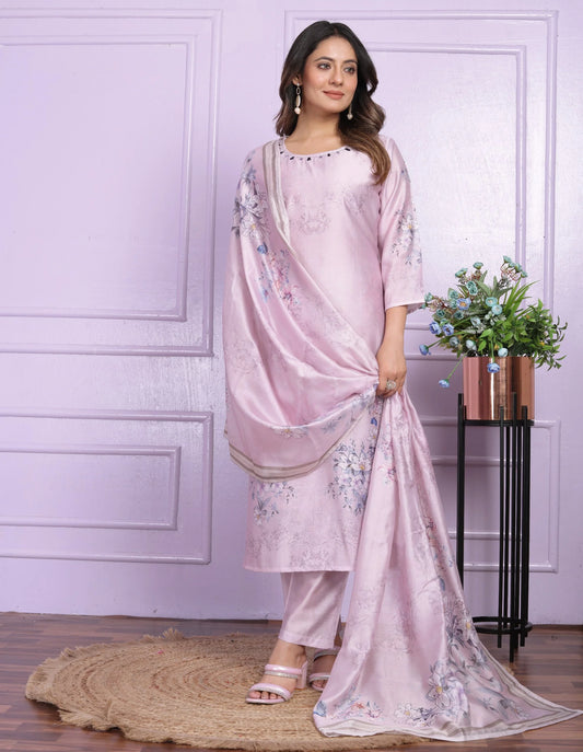 Trendy  Round Neck Lavender Color Kurti Set With Dupatta