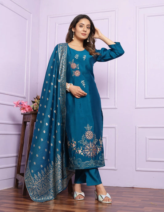 Stylish Rama Russian Silk Salwar Suit With Banarasi Dupatta