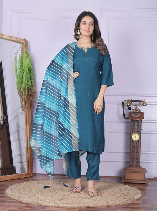 Attractive Teal Blue Salwar Suit With Leheriya Dupatta