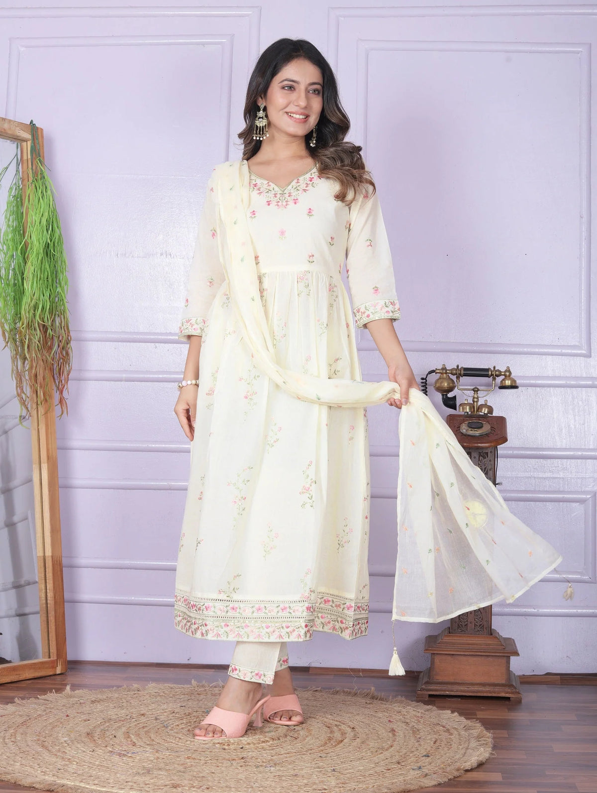 Party Wear Off White Color Embroidery Work Kurta Set