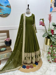 Demanding Georgette Embroidery Work Mehndi Color Gown