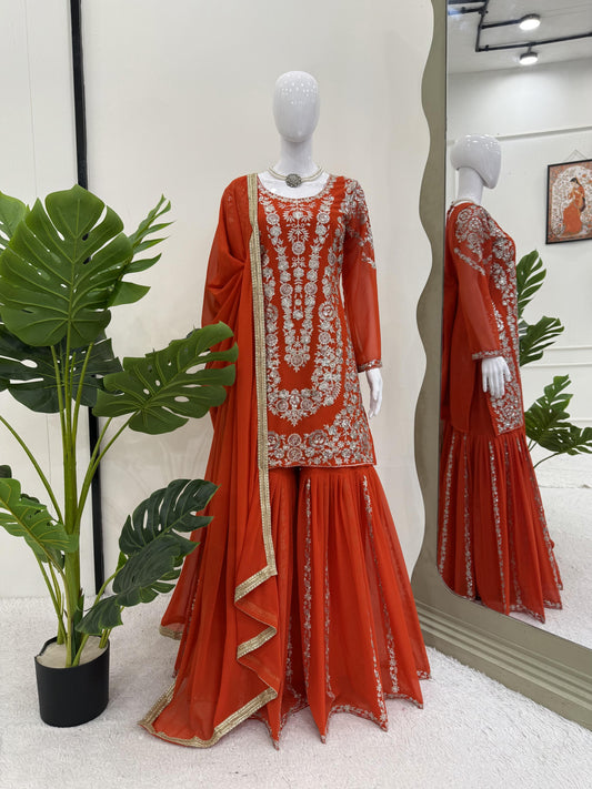 Orange Color Sequence Work Stunning Sharara Suit
