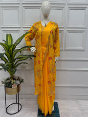 Designer Embroidery Work Yellow Color Ready To Wear Saree With Koti