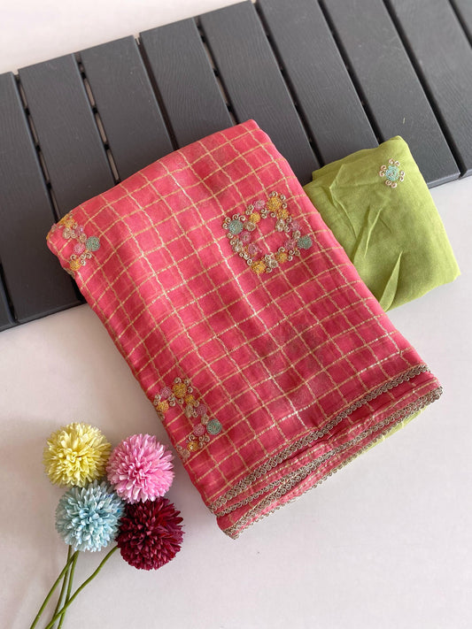 Fantastic Viscose Chiffon Pink & Perrot Color Saree