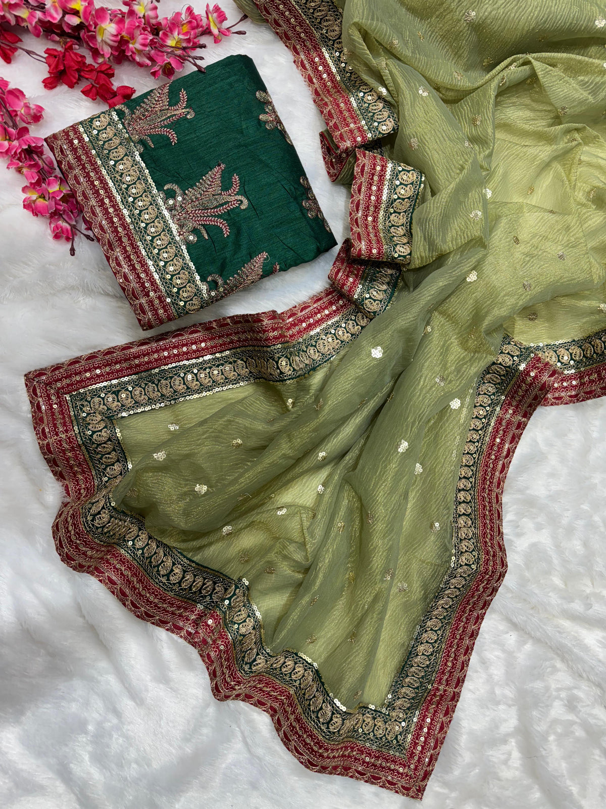 Wonderful Embroidery Work Green Color Designer Saree