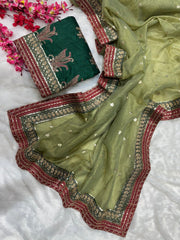 Wonderful Embroidery Work Green Color Designer Saree