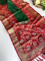 Pretty Tone Silk Green & Red Color saree