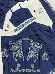 Wonderful Embroidery Work Navy Blue Color Saree With Koti