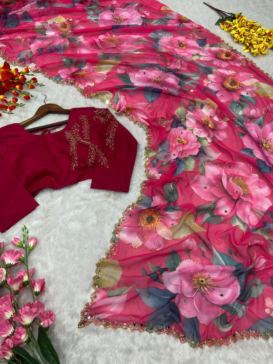 Gorgeous Flower Print With Work Pink Color Saree