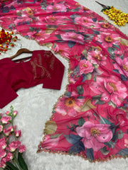 Gorgeous Flower Print With Work Pink Color Saree