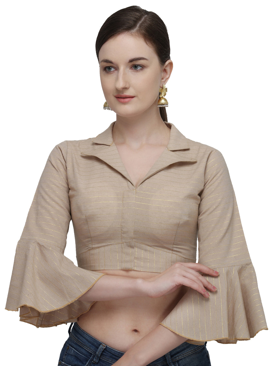 Bell Sleeve Beige Color Printed Phantom Silk Blouse