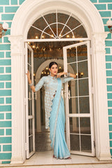 Glossy Embroidery Work Sky Blue Color Ready To Wear Saree